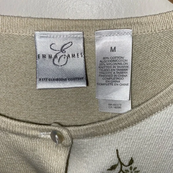 Emma James Beige White Floral Button Accents Knit Cardigan Sweater Women’s M - Picture 2 of 4